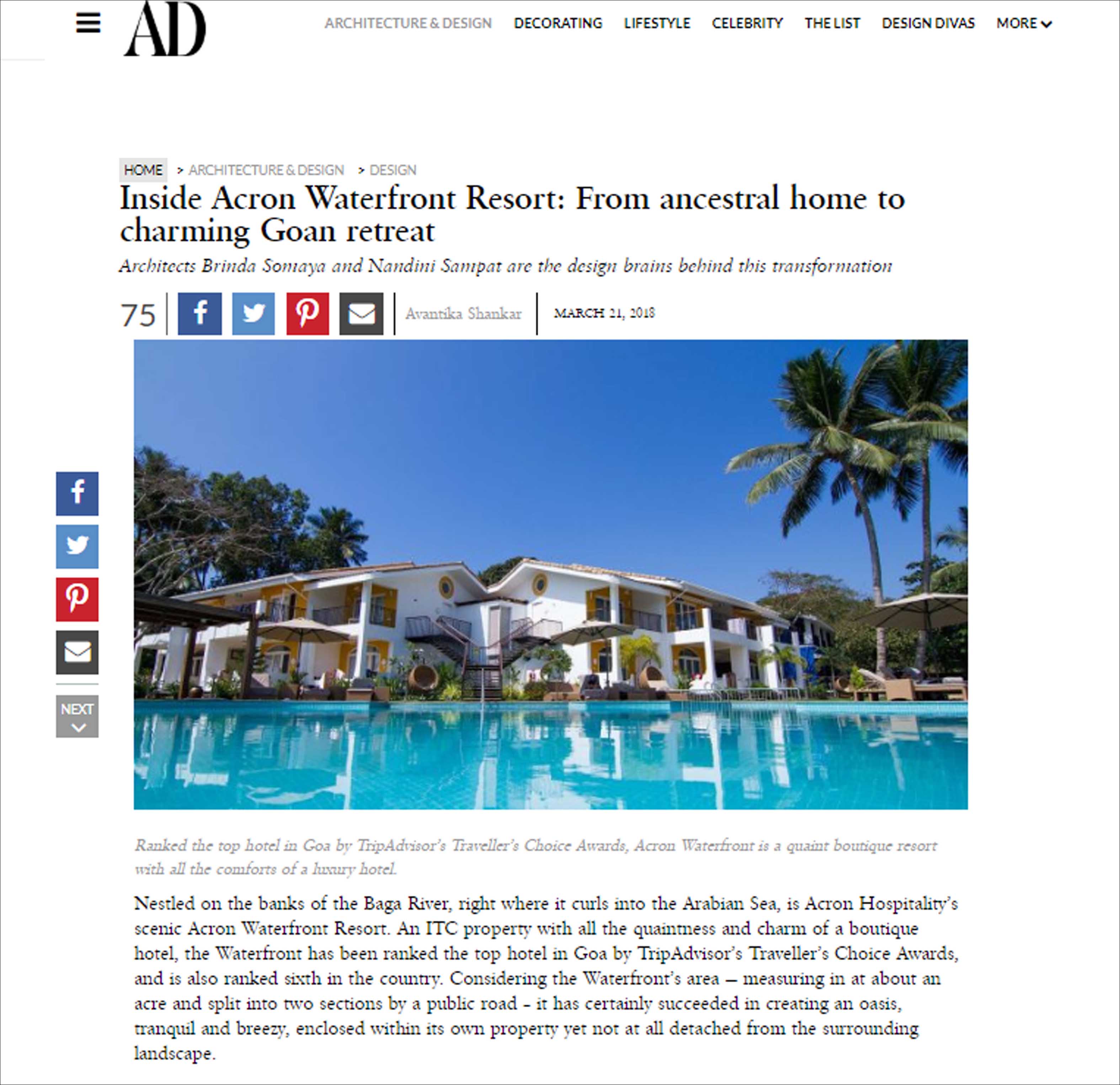 Inside Acron Waterfront Resort: From ancestral home to charming Goan retreat, Architectural Digest - March 2018